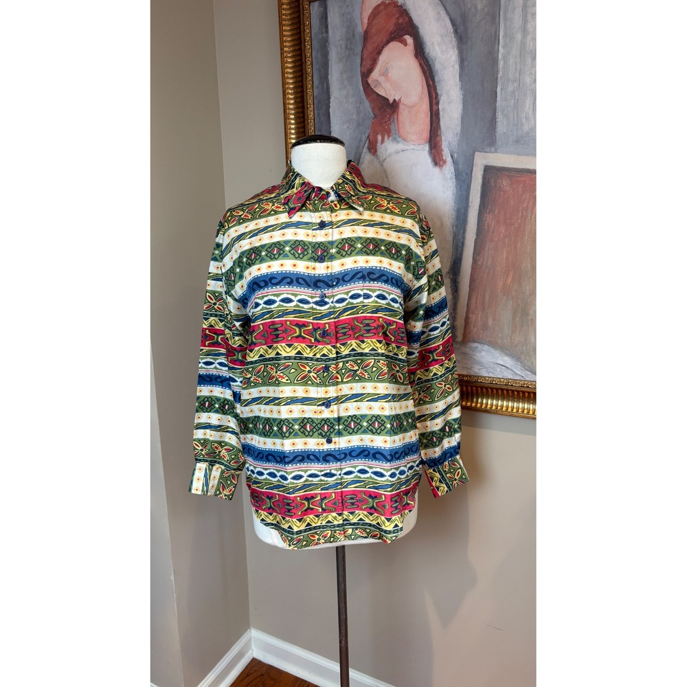 Vintage Daniel Caron Petite 100% Silk Blouse Geometric Print Small Multi-Color
